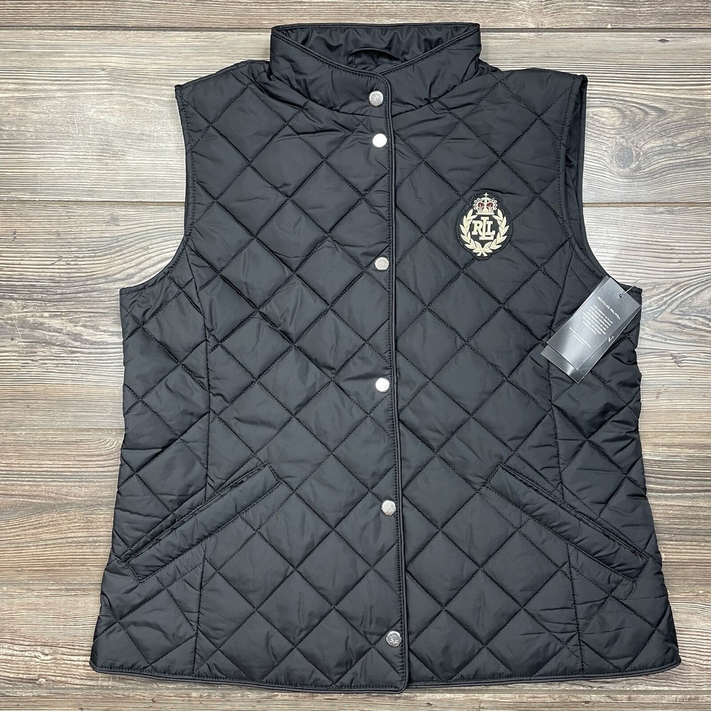 Ralph Lauren Women's Black Quilted Vest Crest Logo Preppy Style Black LARGE NEW - Picture 4 of 14